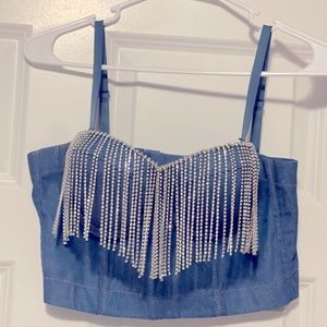 Womens Denim Crop Top with Crystal Fringe